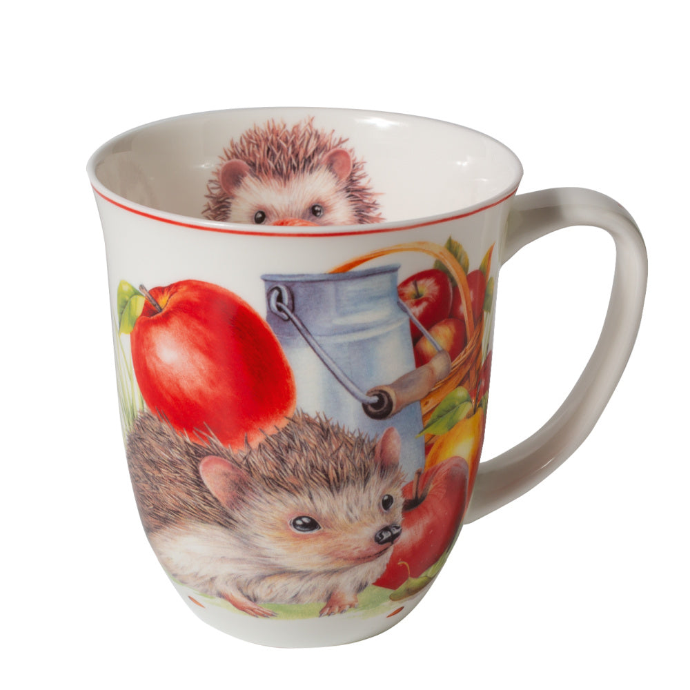 big mug, hedgehog and apple